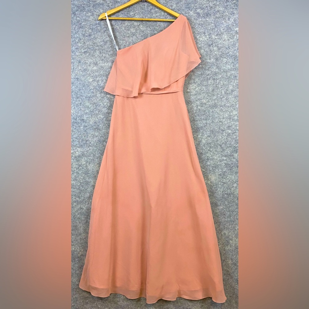 Azazie Lizzy A-Line One Shoulder Chiffon Floor Length Dress Sz C Bridesmaid Pink